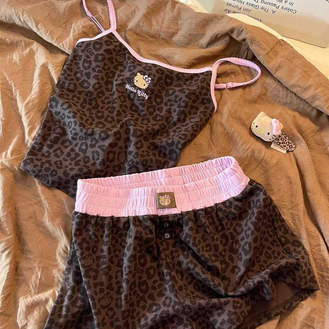 Leopard Print Hello Kitty Lingerie Pajama Set