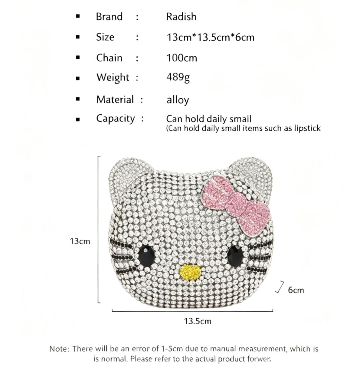 Hello Kitty Rhinestone Evening Bag, Handmade Full Crystal Crossbody Chain Purse