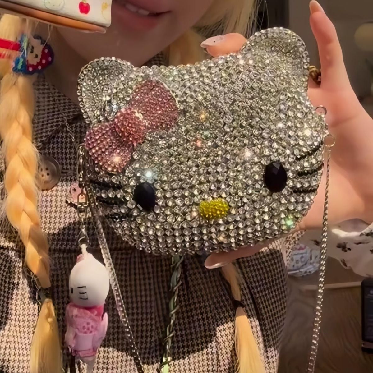 Hello Kitty Rhinestone Evening Bag, Handmade Full Crystal Crossbody Chain Purse