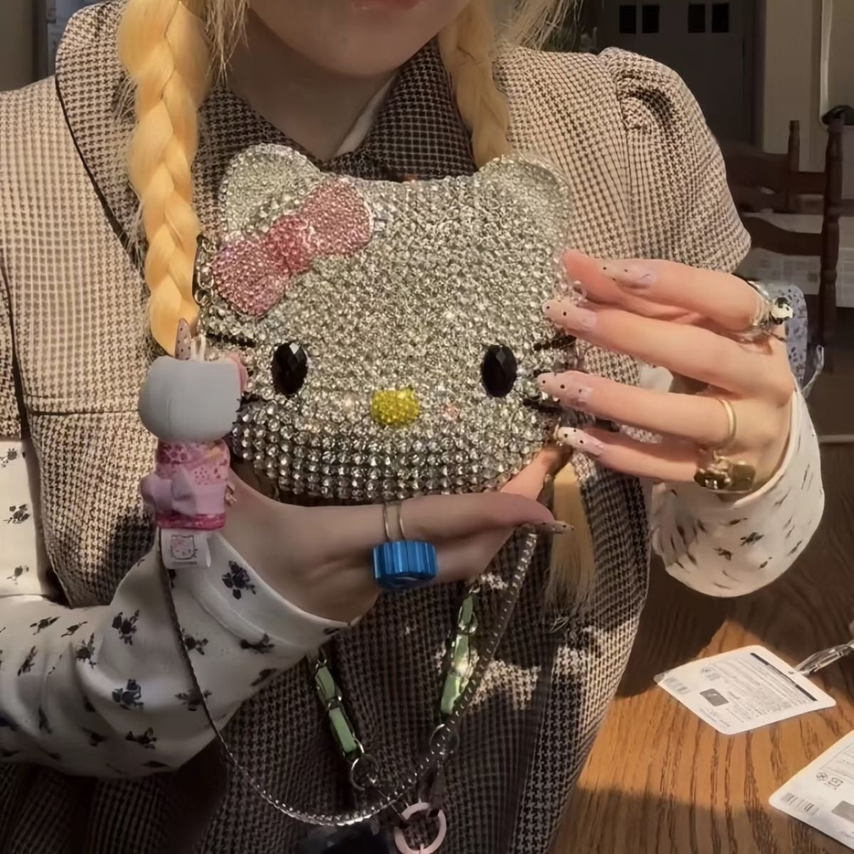 Hello Kitty Rhinestone Evening Bag, Handmade Full Crystal Crossbody Chain Purse