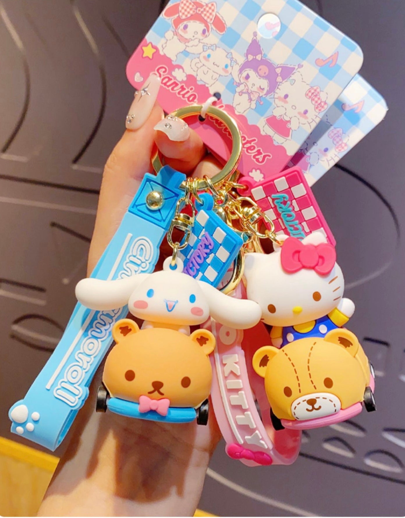 Sanrio on Race Car with Rolling Wheel Keychain