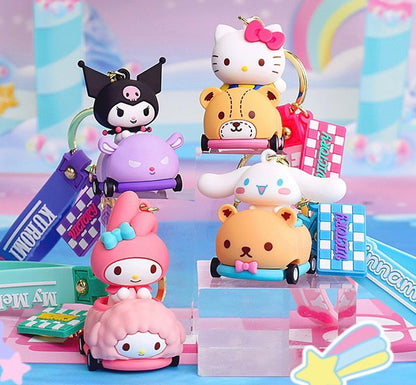 Sanrio on Race Car with Rolling Wheel Keychain