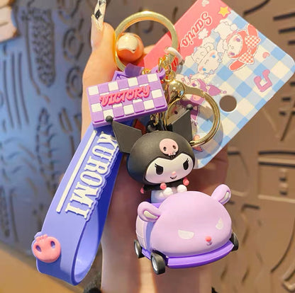 Sanrio on Race Car with Rolling Wheel Keychain