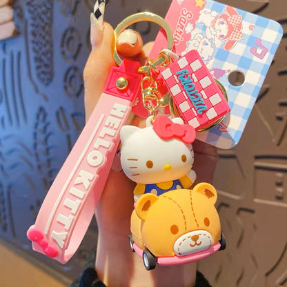 Sanrio on Race Car with Rolling Wheel Keychain