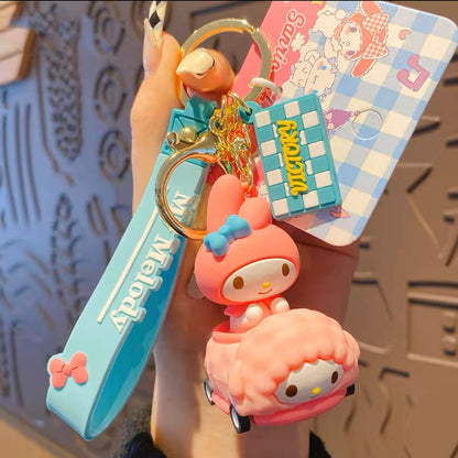 Sanrio on Race Car with Rolling Wheel Keychain